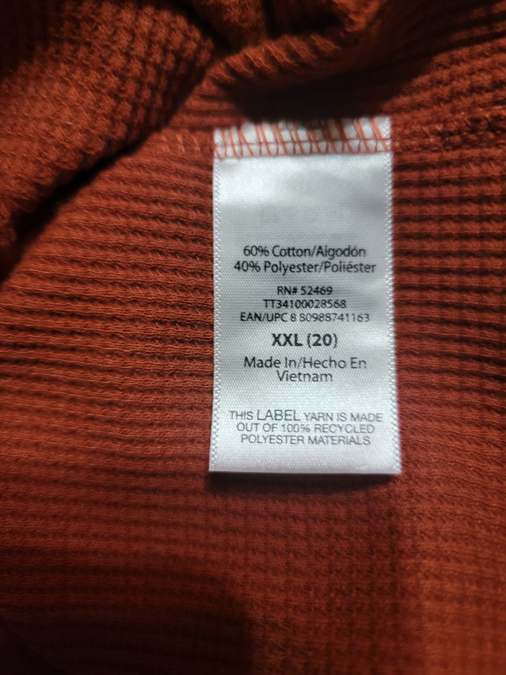 (#51) Time and Tru Waffle Knit Long Sleeve Top - Rust Orange - Picture 3 of 3